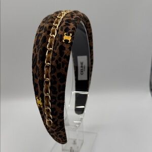 Upcycled CELINE Leopard Print Padded Headband with Gold Chain